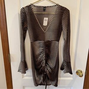 Windsor NWT Brown/Black/Cream Striped Swim Coverup With Gathers & Bell Cuffs